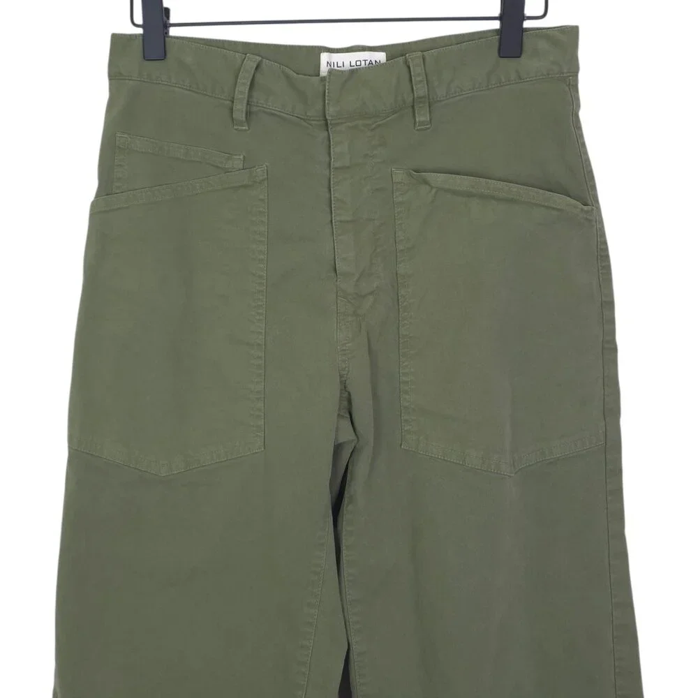 Nili Lotan Shon Pant Camo Green Twill Cotton Barrel Leg Cropped Hemmed Size 0 - Picture 5 of 10
